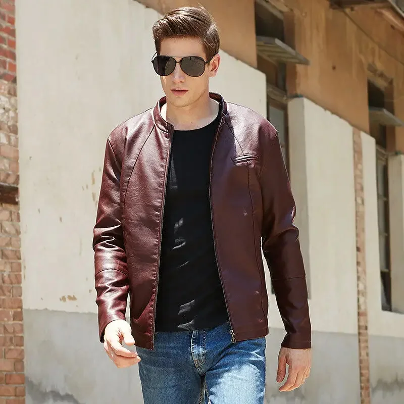 WINSTAND Spring and Autumn Men's Stand Collar Plus Velvet Thick Zipper PU Youth Motorcycle Leather Jacket Men