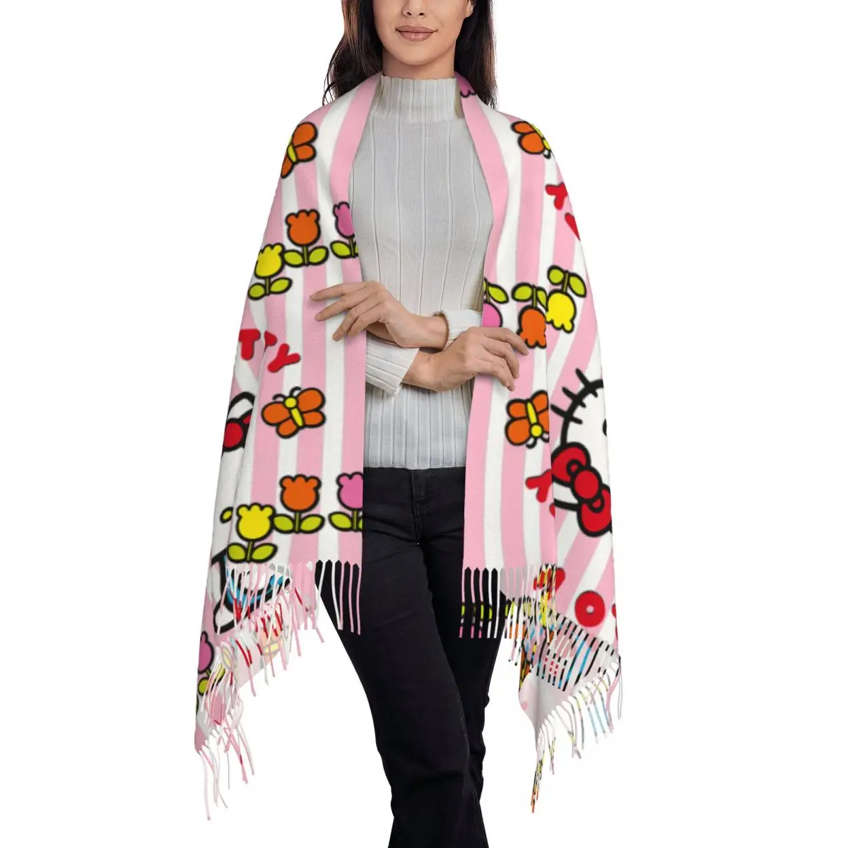 Custom Hello Kitty Cat Scarf Wrap Women Long Winter Fall Warm Tassel Shawl Unisex Anime Cartoon Scarves