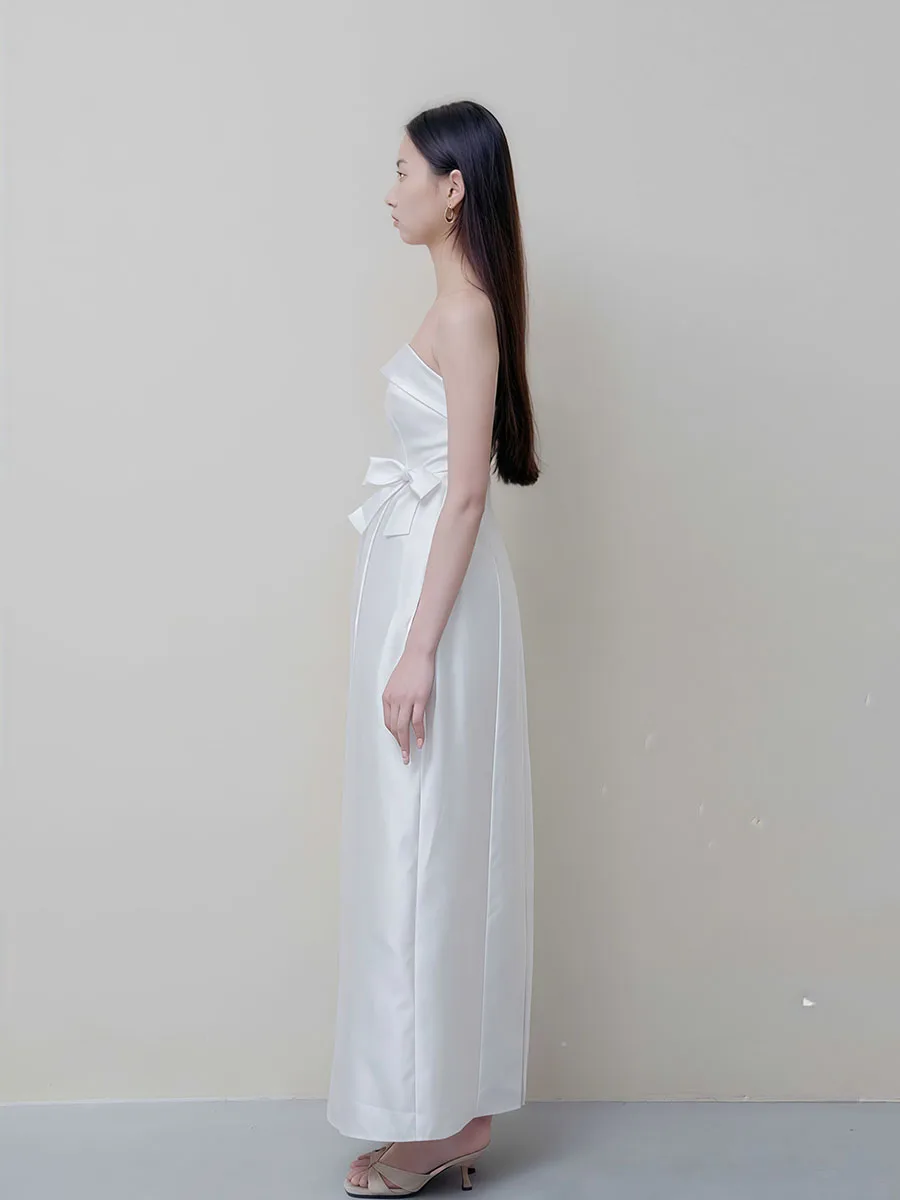 Reddachic feminino bowknot cetim vestido de noite branco brilhante texturizado sem alças espartilho fenda vestido longo formatura roupas formais