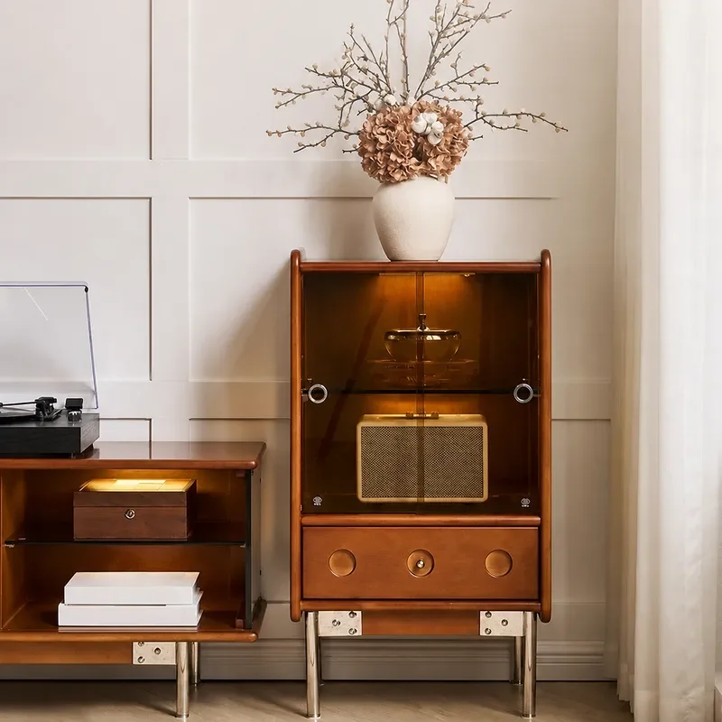 Nordic Solid Wood Side Cabinet Living Room Large Capacity Storage Tea Cabinet Small Apartment Retro Glass Display Cabinet