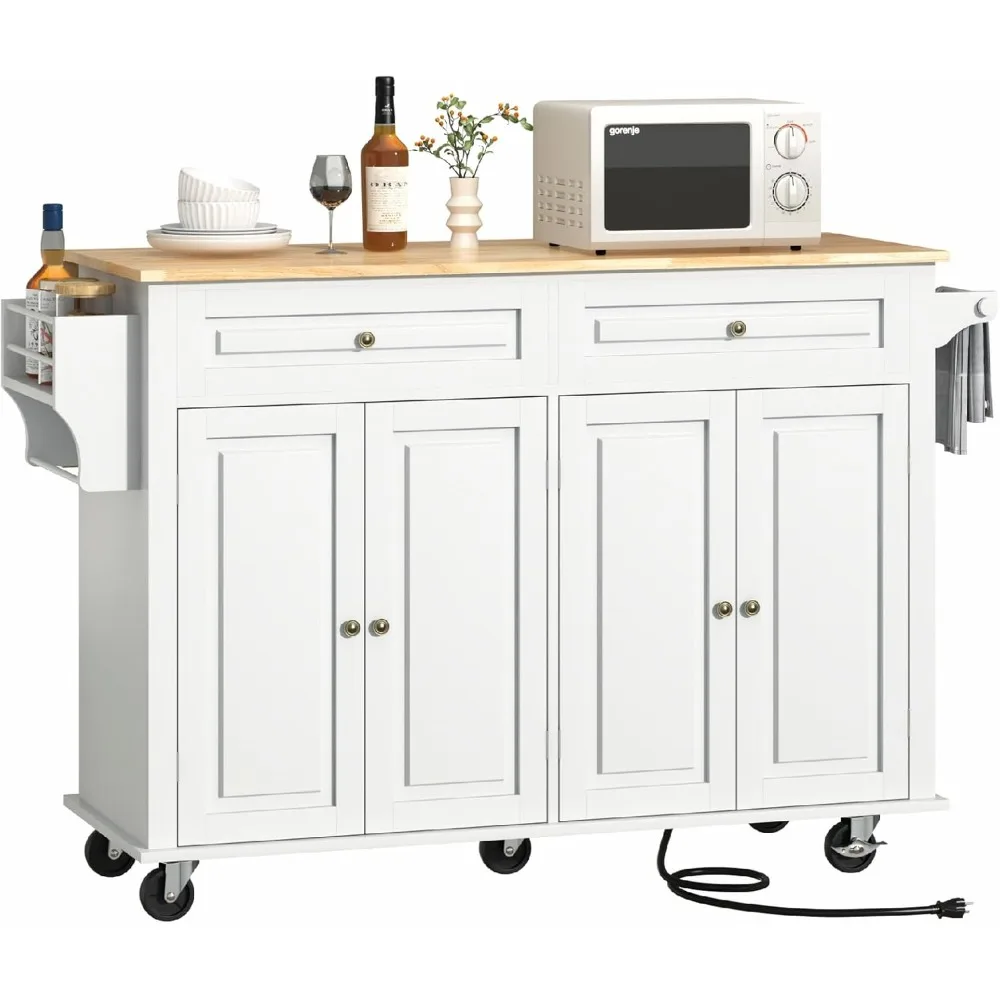 

55" Movable Kitchen Island with Drop Leaf and Power Outlet, Rolling Island Cart w/Storage Cabinet, Island Table on Wheels for Ki