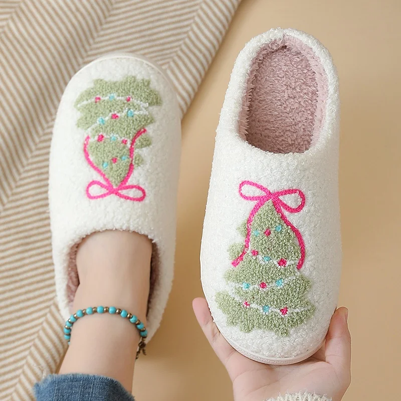 Winter Christmas Tree Cotton Slippers for Women Couple Winter Cute Cartoon Home Non-slip Sandals Adult Indoor Floor Plush Slides