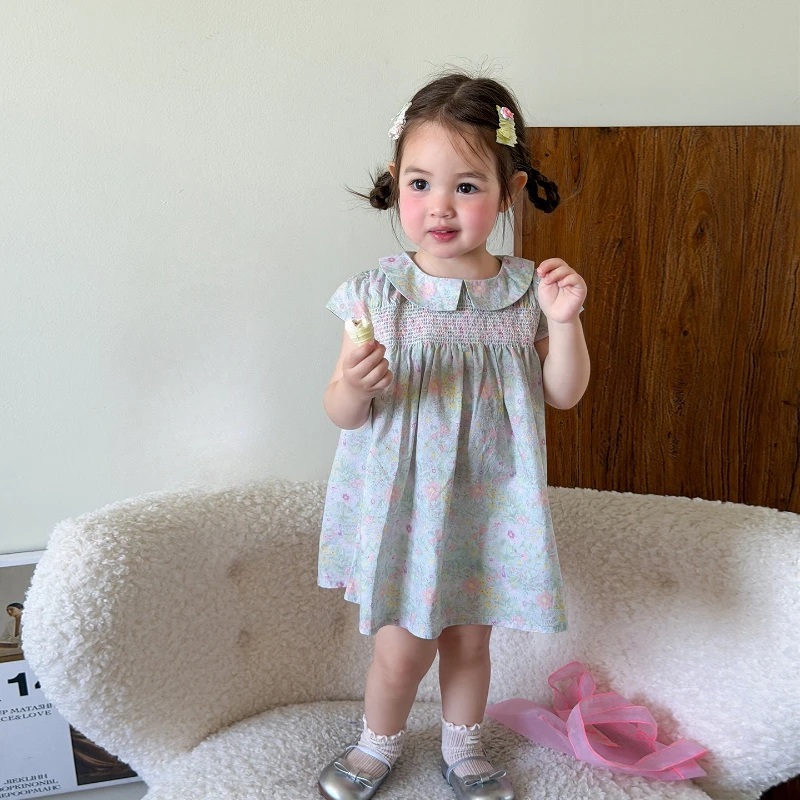 

Summer Thin 2026 Children's A-class Doll Collar Light Blue Floral Cotton Breathable Sleeveless Dress