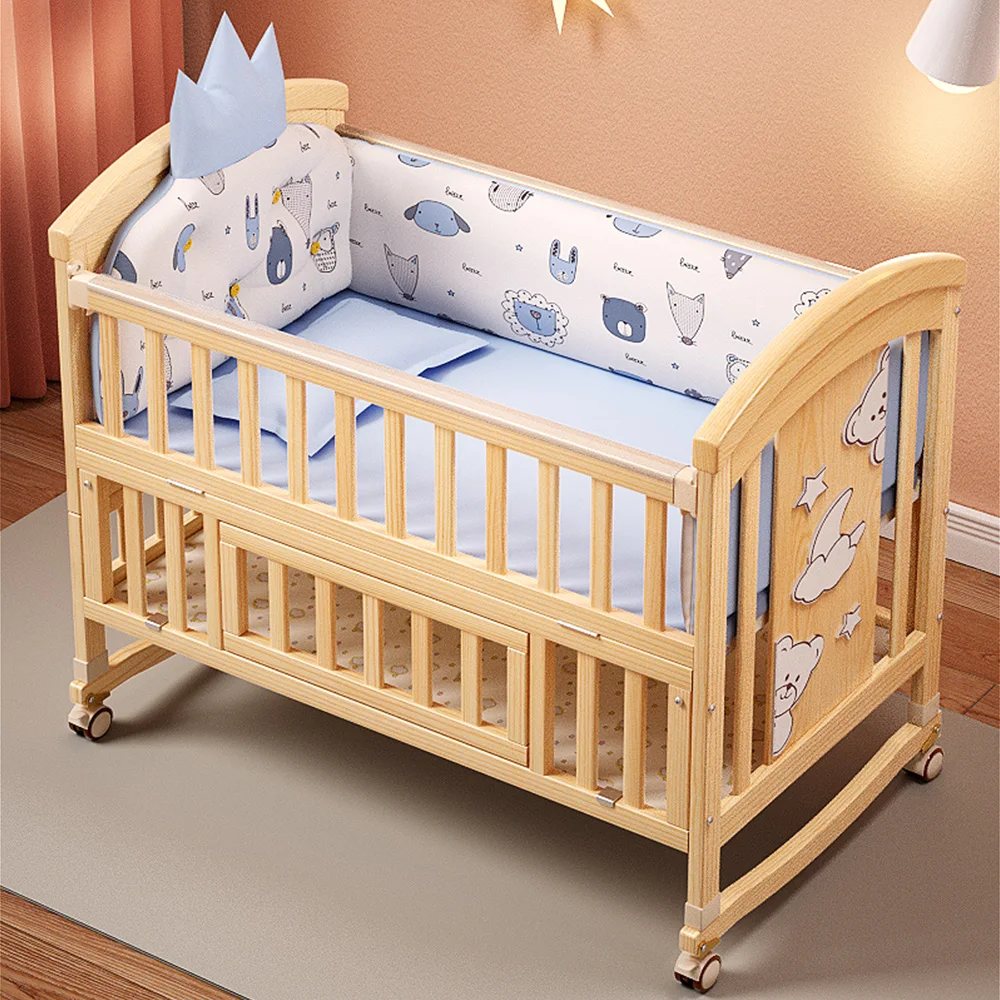 

New Design B2B 5 in 1 Multifunctional Natural Wood Baby Crib Bed Adjustable Baby Cot Cradle for Baby