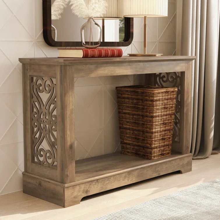 

Hot-selling retro design side beautifully carved wooden long console side table porch table can be customized against the wall