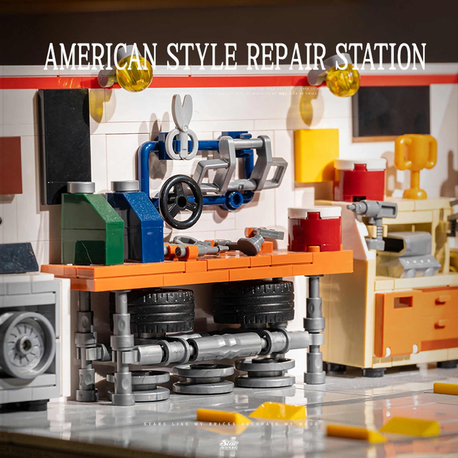 Moc estilo americano loja de reparo de automóveis blocos de construção técnica retro garagem arquitetura diy tijolos brinquedos para crianças adultos presentes