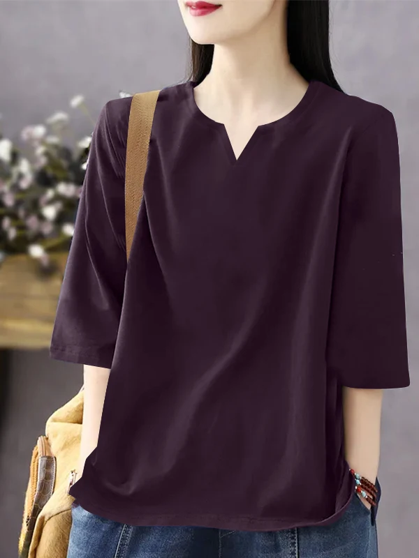 Women's Cotton V-Ne Mid-Sve T-irt Loose Fit Summer New Sle plus Size Slimming Belly Cover Versatile Casual Top