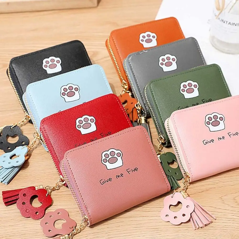 Elegant Mini Coin Purse Sweet Multifunctional Cat Claw Letter Tassel Purse Wallets For Women Casual PU Leather Zipper Money Bag