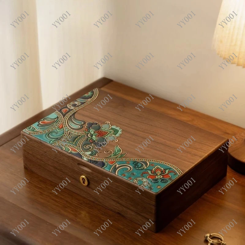 Lockable Walnut Jewelry Box Solid Wood Desktop Storage Gift Box