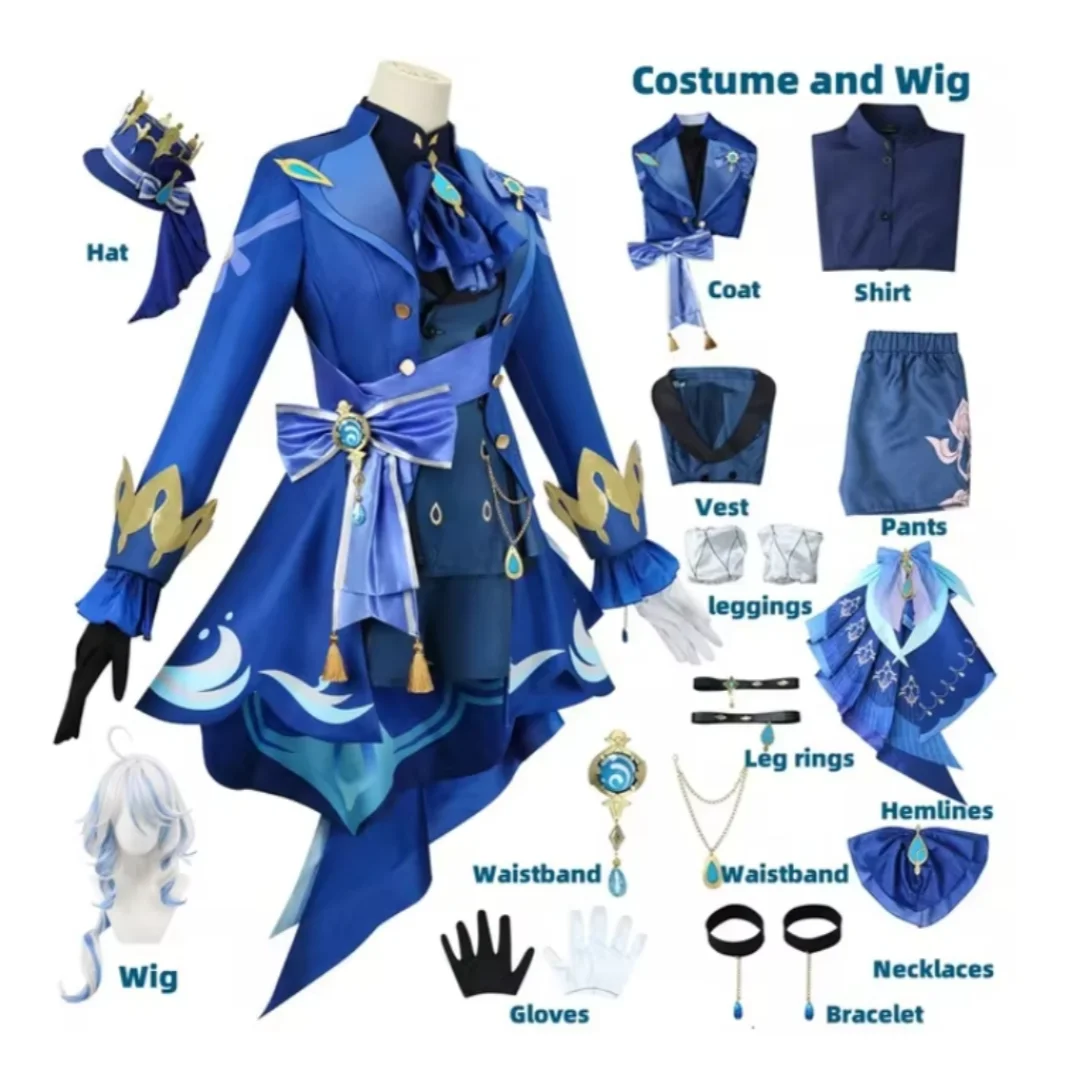 

Halloween Chirstmas Party Anime Clothes Suits Furina Cosplay Costume Wig Hair Impact Fontaine Focalors with Hat Black Suits for