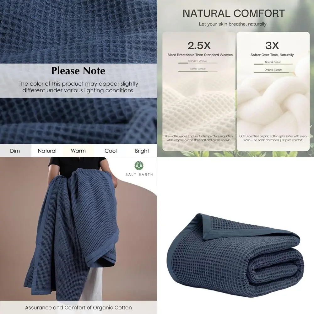 

Плед из 100% органического хлопка, 90x90 см, мягкий и уютный, на все сезоны, темно-синий