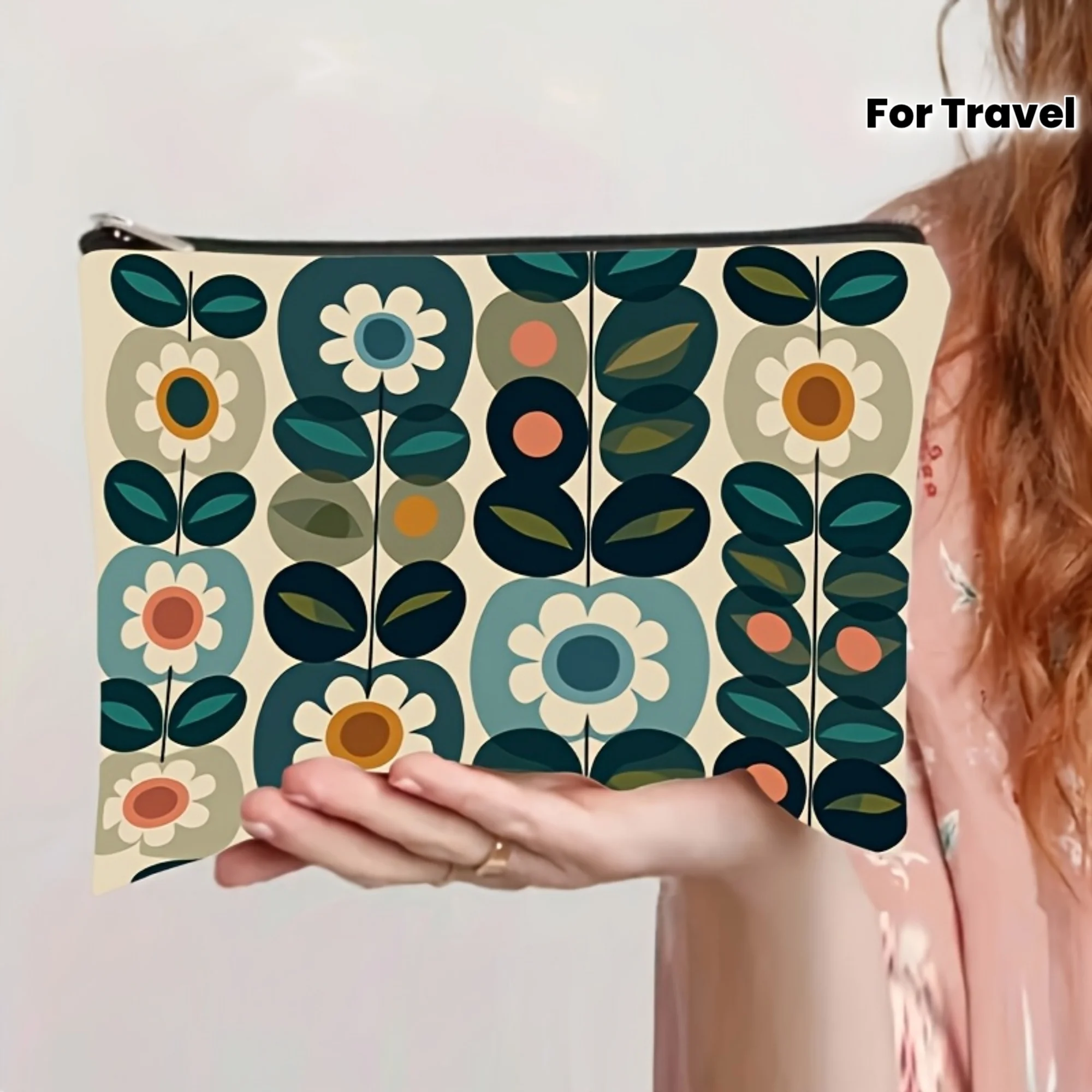 Nordic Geometric Floral Zipper Makeup Bag Mid Century Vintage Flower Print Cosmetic Pouch Portable Women Travel Storage Purse