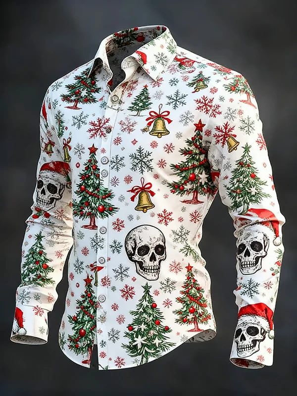 Gothic Christmas Skull Print Men's Long-Sleeve Shirt with Bell, Snowflake, and Skull Print Casual Fit for Christmas Celebrations