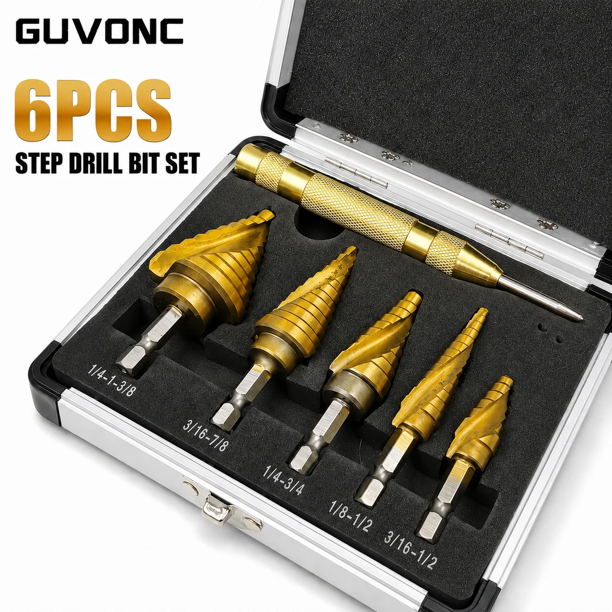 6PCS Titanium Step Drill Bit Set with Automatic Center Punch, Hex Shank Unibit for Metal Wood Plastic Multiple Hole Sizes