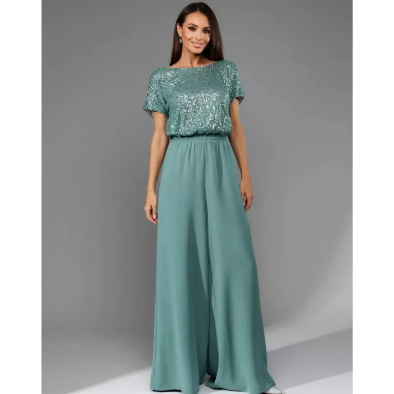 Women's Fashion Sequin Patchwork Jumpsuits 2025 New Casual O-Neck Tie High Waist Jumpsuit Elegant Short Sleeve Jumpsuit