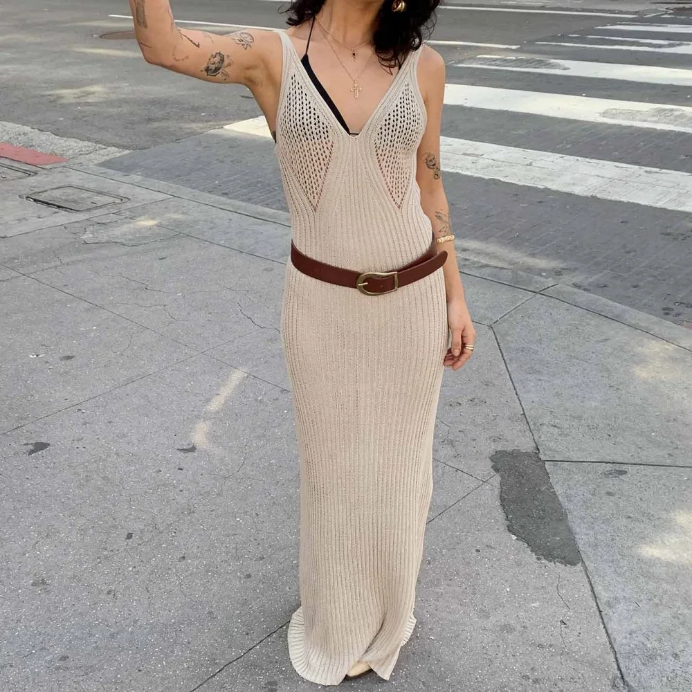 2026 Estate Scava Fuori Lavorato A Maglia Aderente Maxi Vestito Delle Donne Sexy Con Scollo A V Cinghie di Spaghetti Backless Vacanza Spiaggia Abiti Abito Lungo