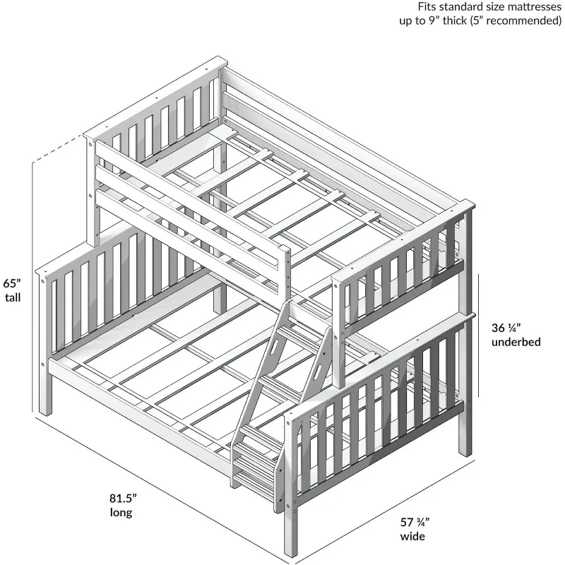 Bunk Bed Twin Over Full Size with Ladder, Solid Wood Platform Bed Frame with Ladder for Kids,  Safety Guardrails, Easy Assembly