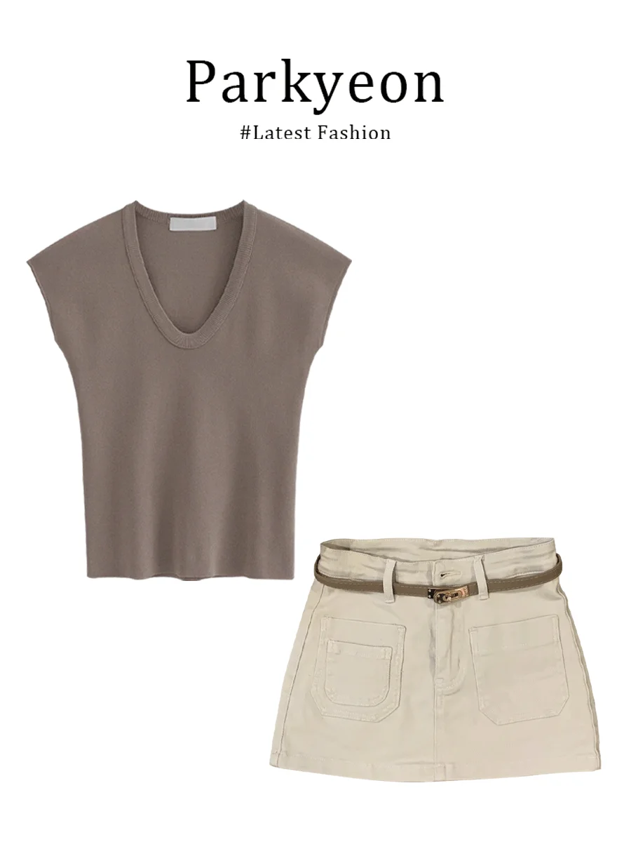 

Parkyeon Pure Desire Sexy U-Neck Short Sleeve High Waist Slimming Two-Piece Set Women's Casual Summer Fashion Outfit