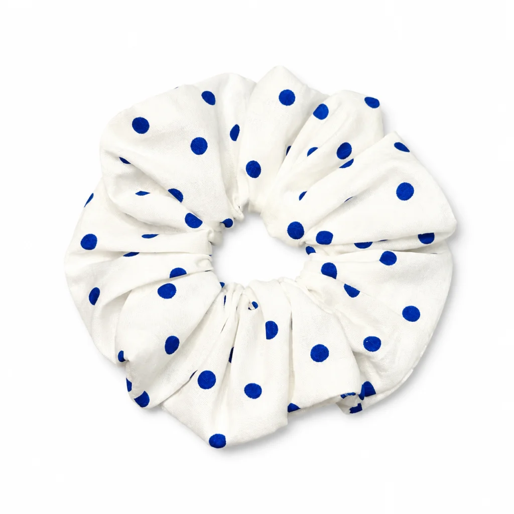cobalt-blue-polka-dot-white-single-layer-scrunchie-handmade-oversized-hair-tie