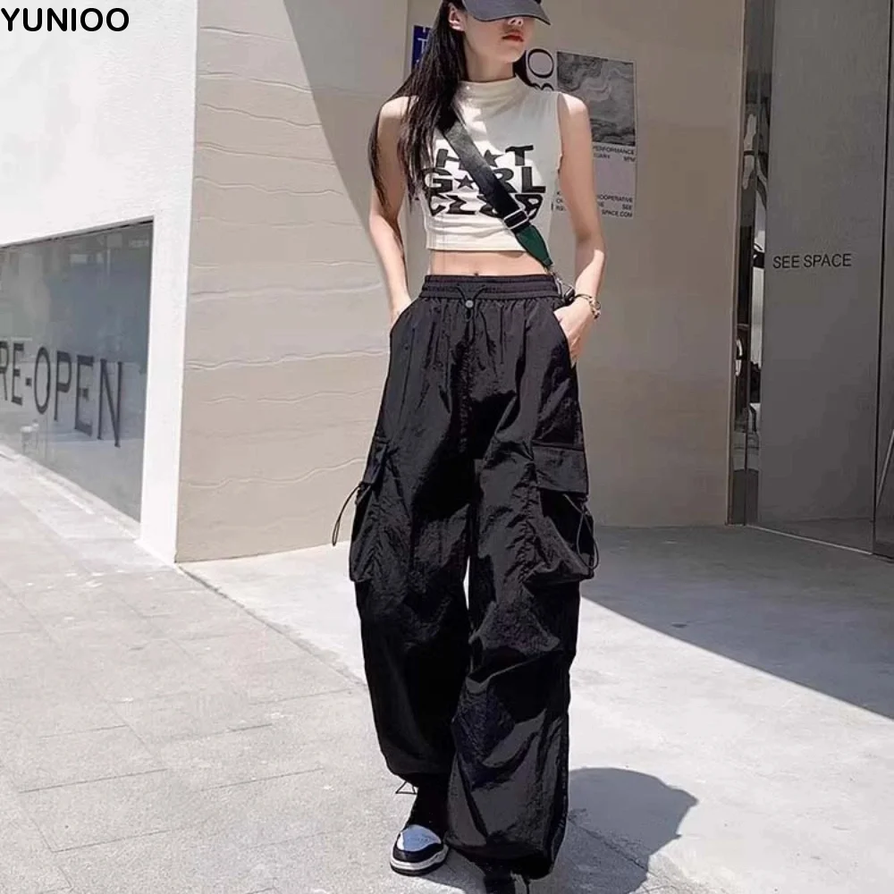 

Elasticated Waist Women Drawstring Pants Long Trousers Multi-pockets Baggy Cargo Pants Hip Hop Sweatpants Wide Leg Pants Running