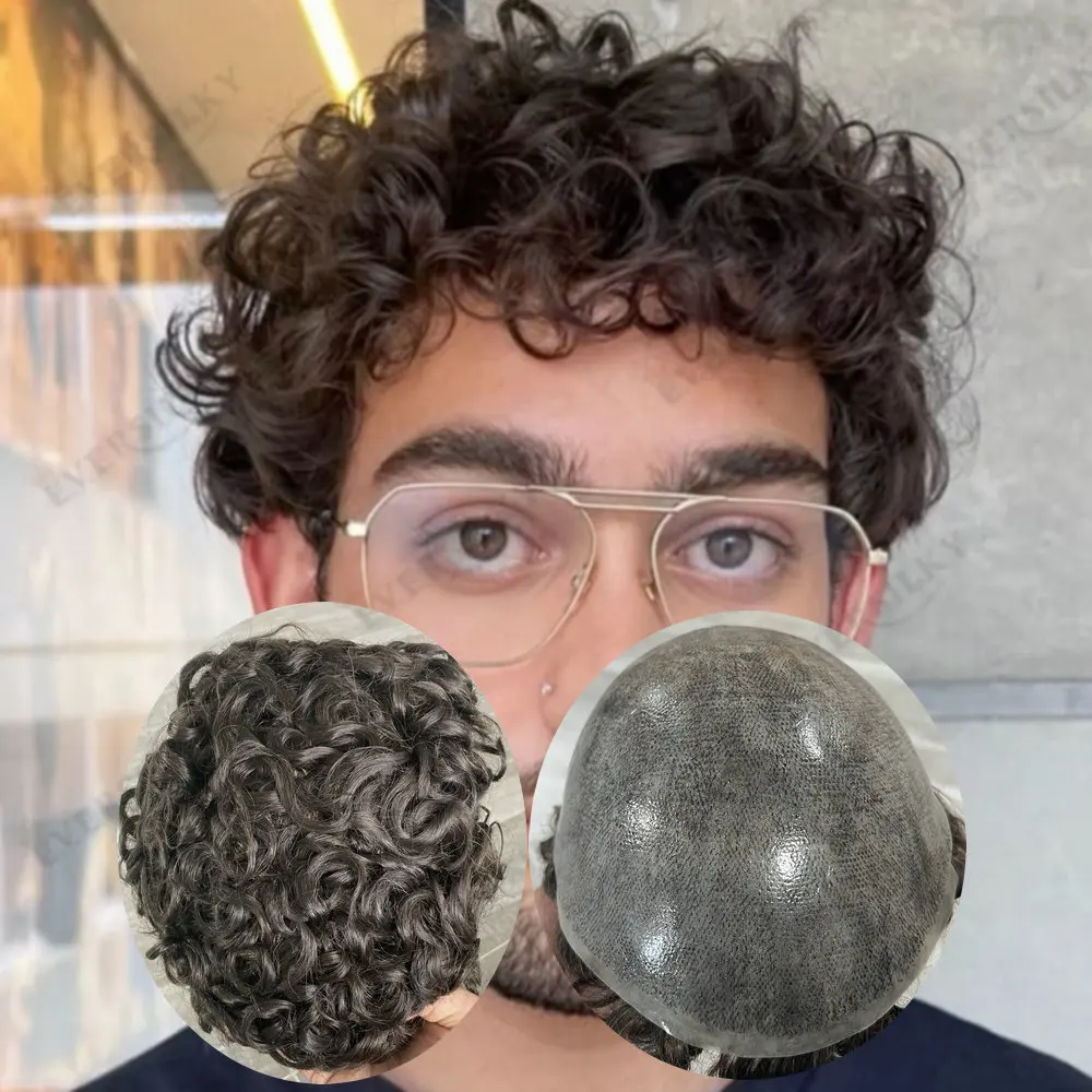 20 مللي متر شعر مستعار مجعد الرجال بني داكن رمادي أسود سوبر دائم كامل بولي Base قاعدة الذكور الشعر المستعار 100% رجل الشعرية نظام الاصطناعية #1