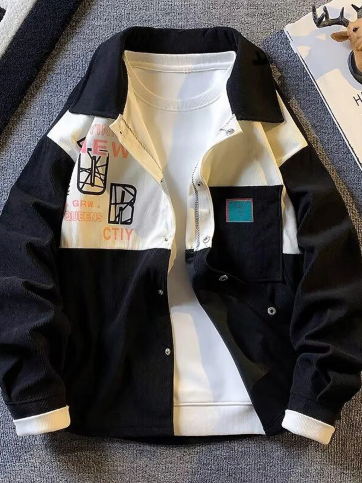 

Corduroy Jaet Men's Loose Long Sve Turn-down Collar Workwear Coat Spring Autumn Trendy Brand Youthful Printed Casual Coat