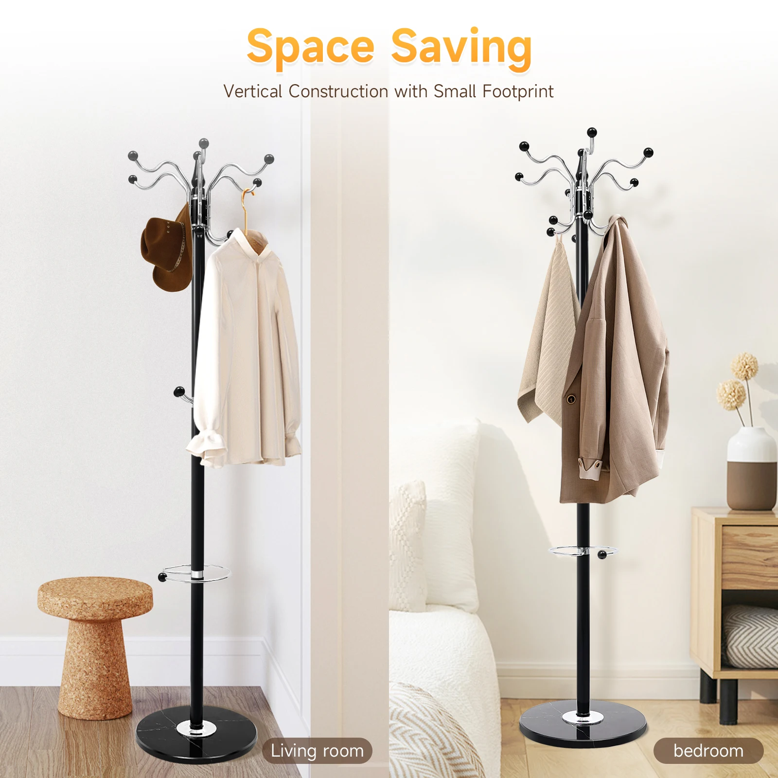 Coat Stand - 170cm Metal Clothes Rack, Umbrella Stand with 17Hooks Metal Marble Stable Durable for Dormitory, Home (Black)