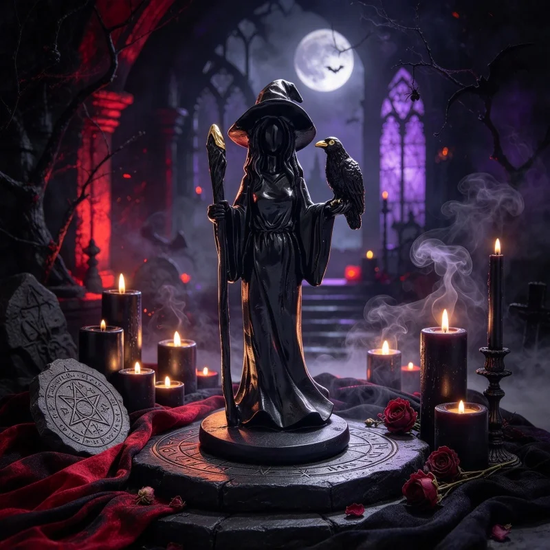 Halloween Resin Hecate Goddess Statue Witch Figurine With Raven Magic Staff Desktop Home Tabletop Decoration Ornament