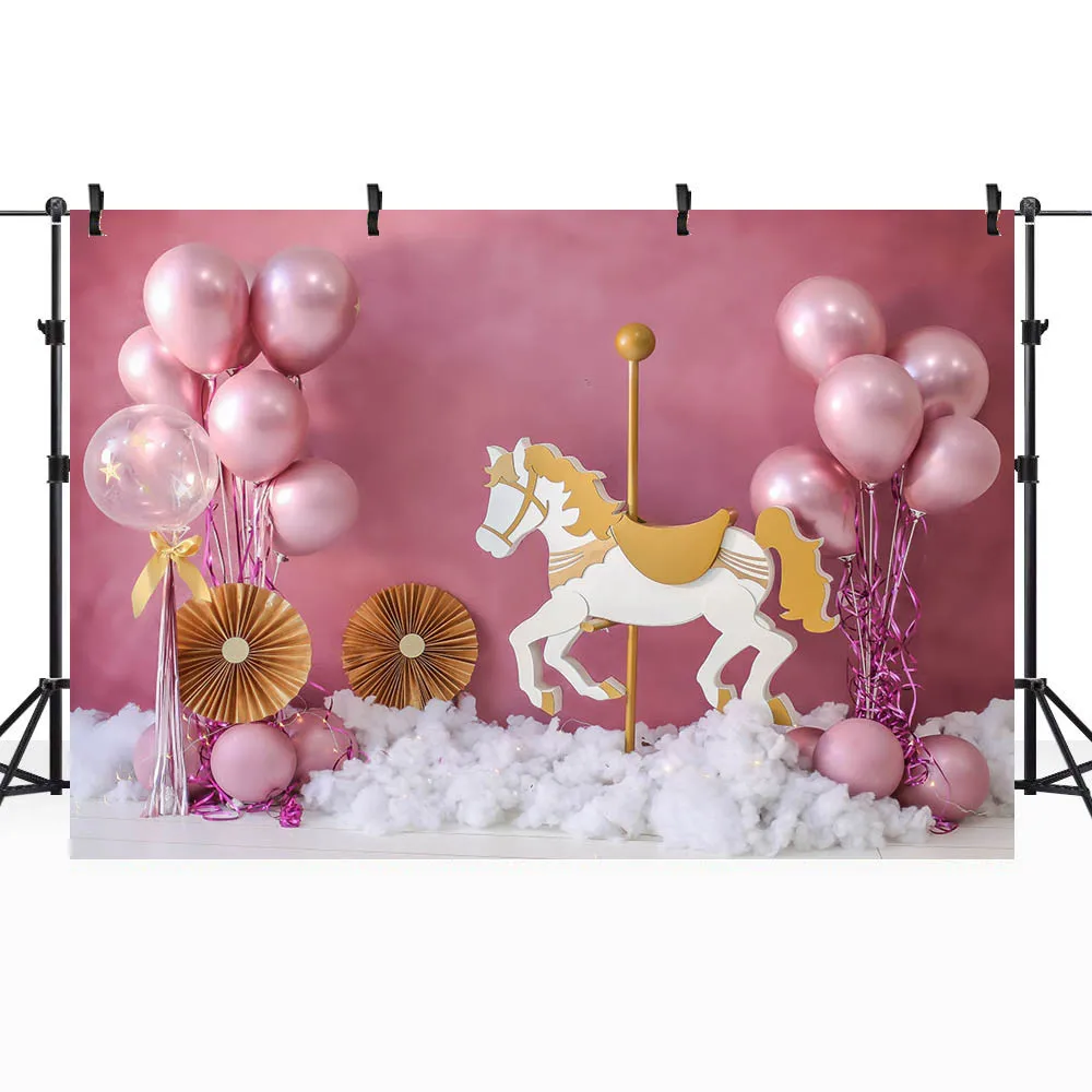 Mocsicka Newborn Photography Background Pink Wall Carousel Balloons Girl 1st Birthday Cake Smash Backdrop Studio Photocall Props