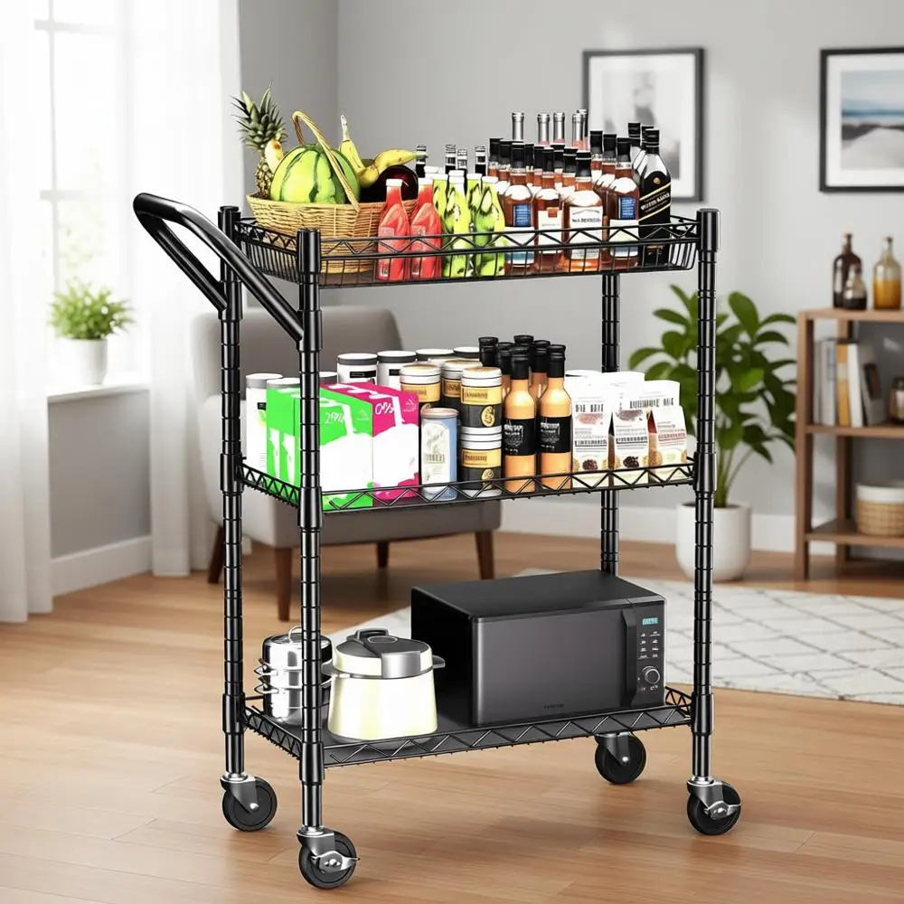 

Тележка-органайзер на колесиках, 3-х ярусная, усиленная, 18 x 23.8 x 36.6 дюймов, металлическая, с ручкой и вкладышем для полок, для хранения на кухне