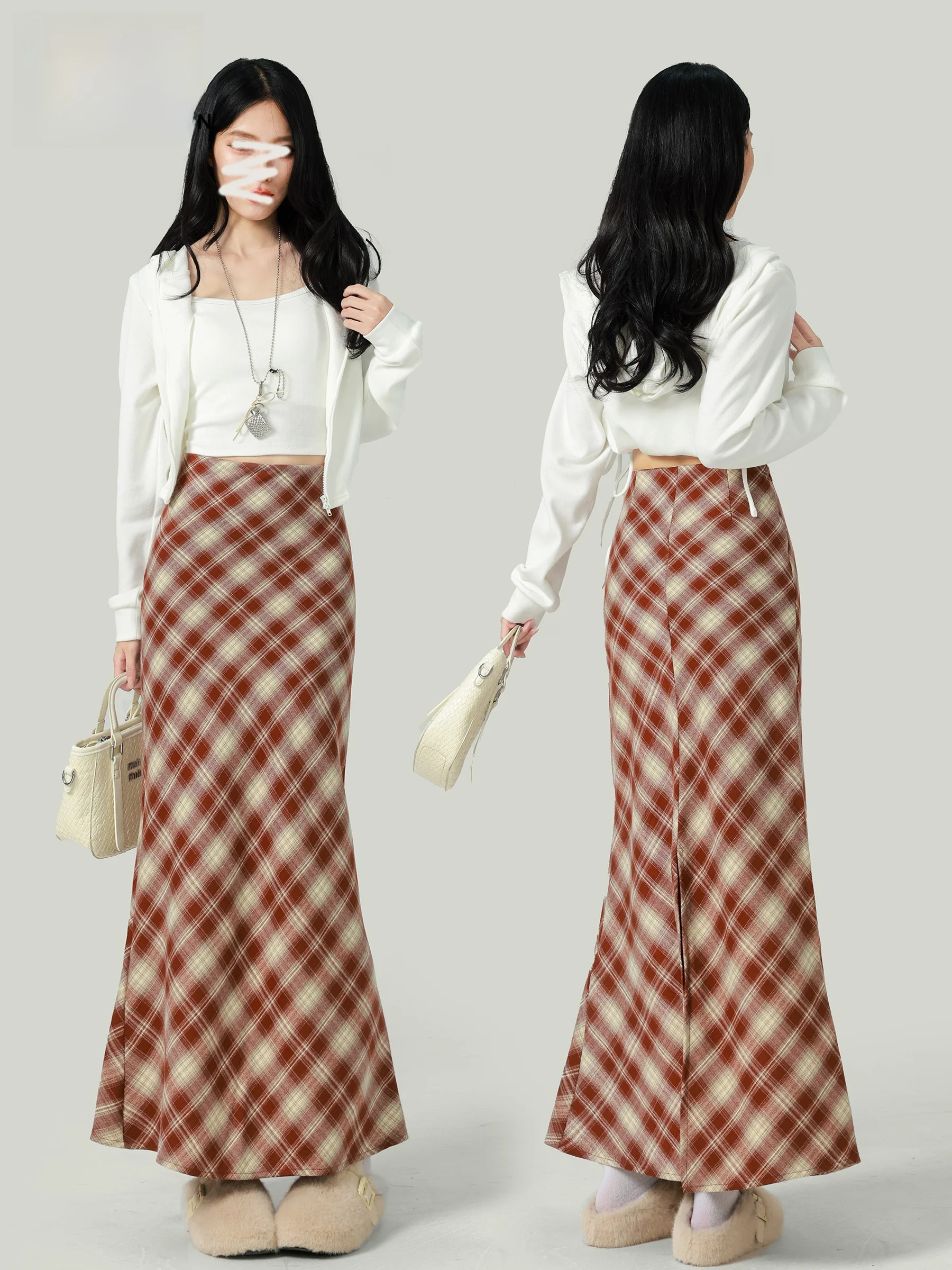 

Ретро-юбка в клетку с высокой талией и эффектом «рыбий хвост» для женщин, новая модель весна-осень, утягивающая, средней длины, повседневный стиль, из полиэфирного волокна