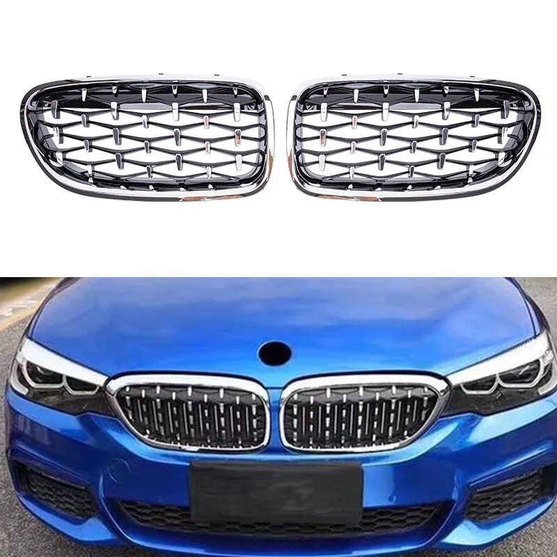 

Car Front Bumper Grilles Kidney Racing Grill Grille Black Silver Frame Silver Point For BMW 5 Series F10 F18 520 523 525 10-17