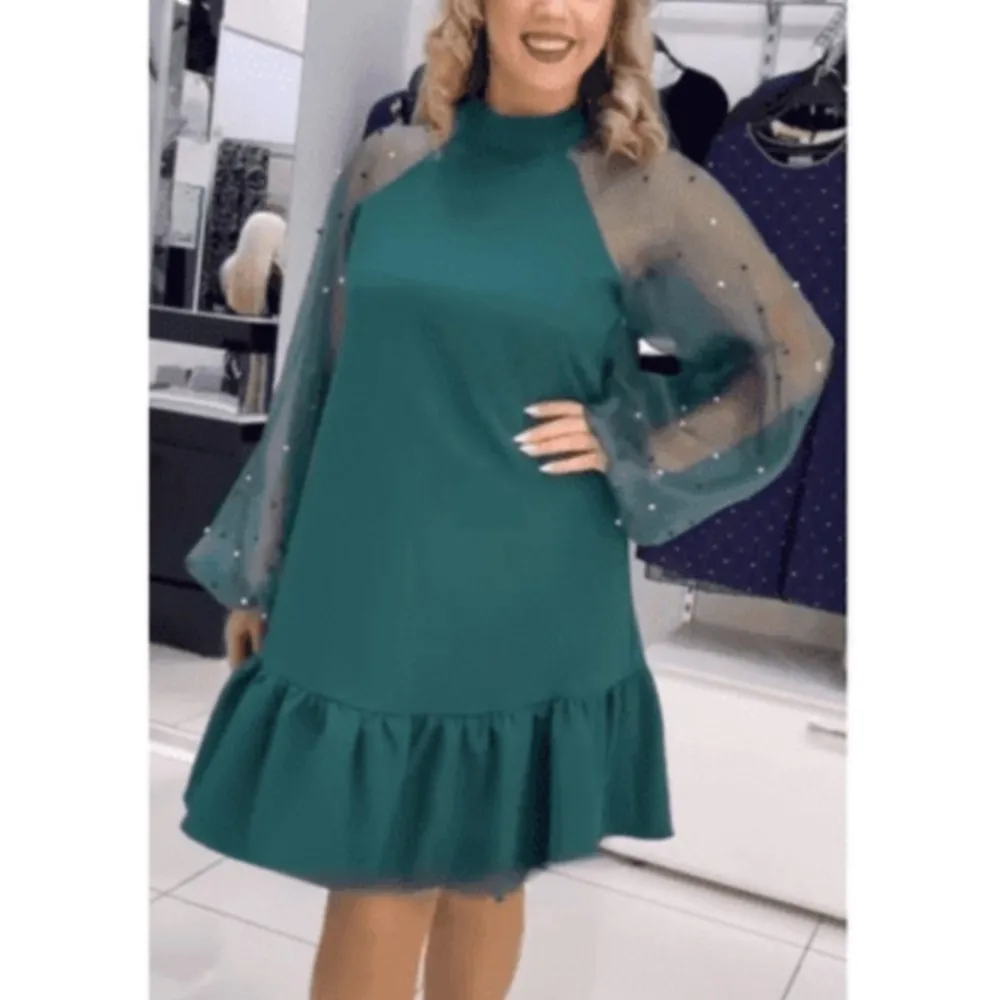 Casual collo alto aderente per abiti da donna nuova primavera autunno moda manica trasparente abito a maniche lunghe patchwork in pizzo foglia di loto