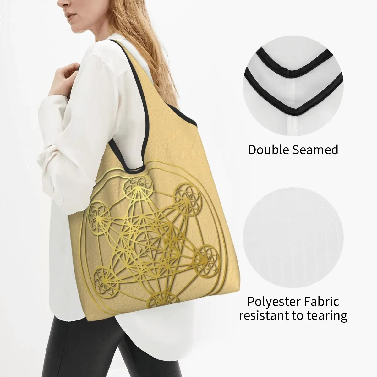 Metatron Cube Sacred Mandala Healing Amulet Portable Tote Shopping Bags Foldable Shopper Bag Grocery Handbag Shoulder Bag