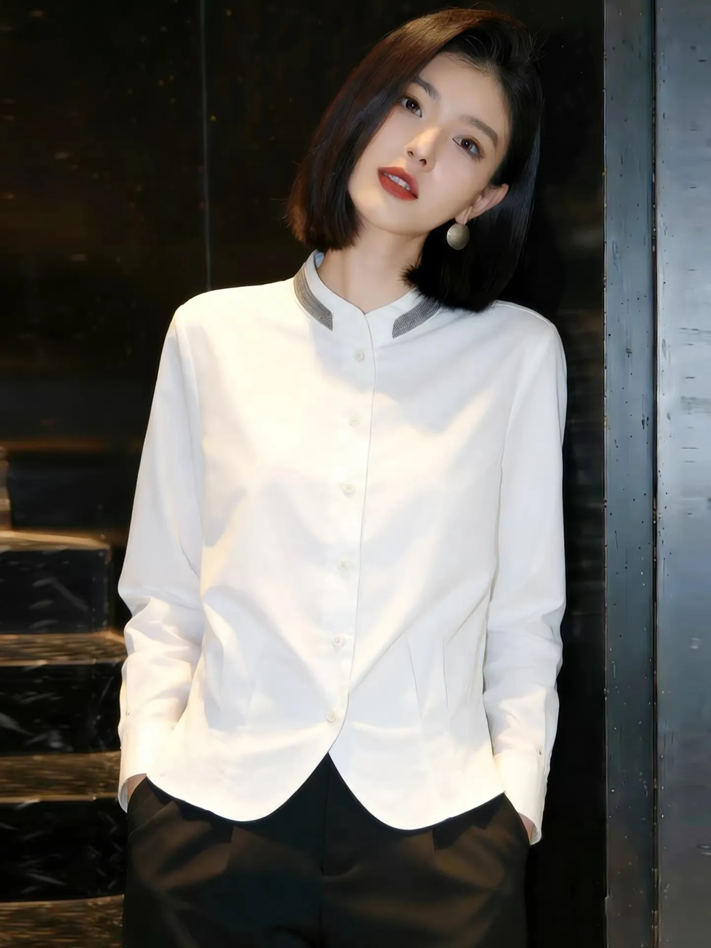 

Ele White irt Women's Stand Collar Waist-Cinched Faionable Luxury Autumn New Arrival French Sle Long Sve Button up