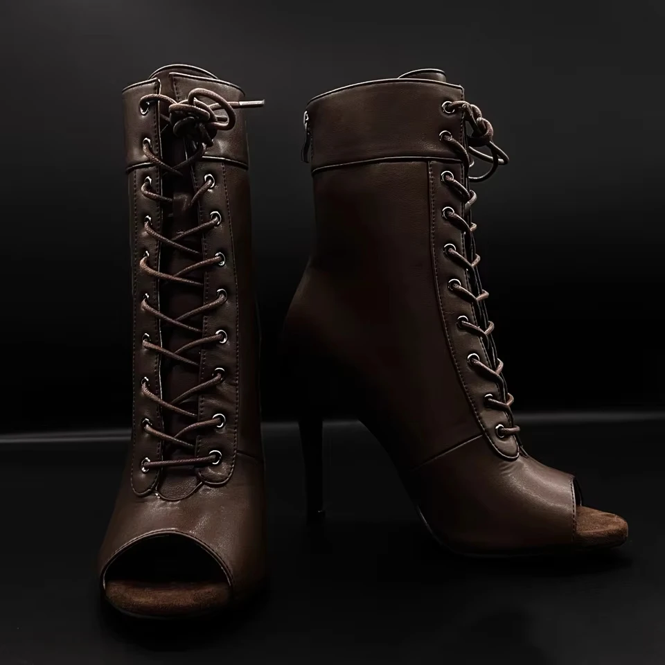 Jazz Boots Women Thin Heels Brown  PU Peep Toe Lace up High Heels Dance Shoes Woman Dancing Boots Latin Dance Sexy Party Shoes