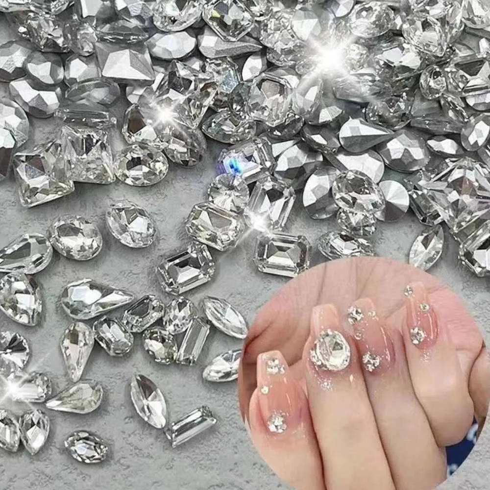 Strass de unha de zircônia branca brilhante, 50 peças, redondo/coração/oval/quadrado, glitter, cristal, fundo pontiagudo, diamante, suprimentos de decoração de unhas