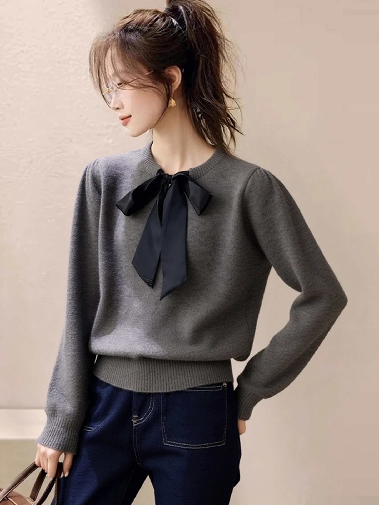 

Trendy Winter Knitwear with Knot Slimming Long Sve Camere Faionable Korean Sle Commute Sle Women's Top