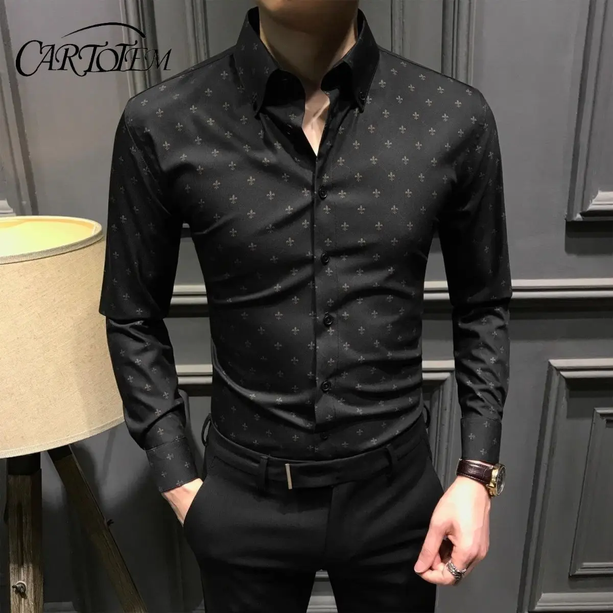 

New Spring Autumn Printed Fashionable Men's Long-sleeved Shirts Slim Shirts Trendy Casual Business Tops No Ironing Anti-wrinkle
