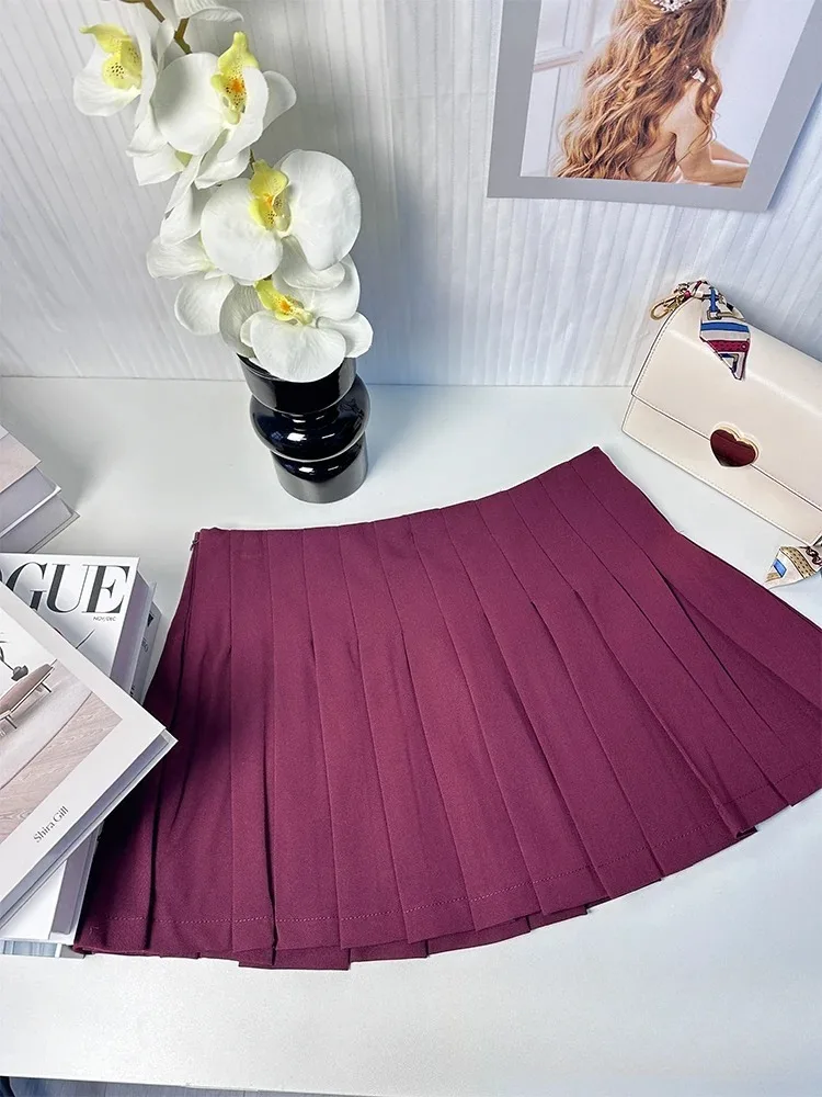 KONDALA Vintage Casual Chic Burgundy Women Skirt Solid Zippers Short Pleated Skirt Fashion 2025 Autumn Y2K Girl Mini Skirt