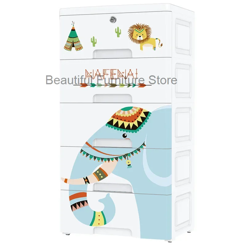 Drawer Storage Cabinet Cartoon Baby Children Clothes Toy Storage Organizer with Lock Household Finishing Storage Box Cabinet