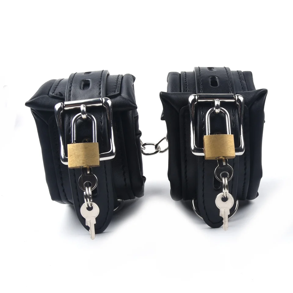 Esposas sexuales de esponja de cuero, Bondage, esclavo, accesorios exóticos, juguetes para parejas, juegos para adultos con 2 cerraduras
