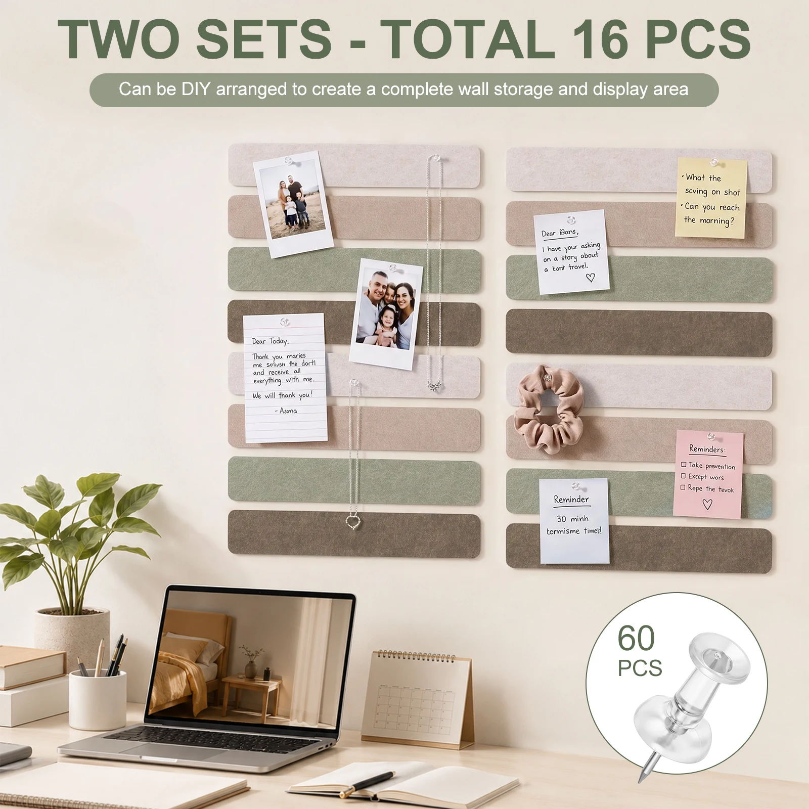 16Pcs Felt Pin Board Bar Strips Self-Adhesive Lightweight Bulletin Board Strips For Memo Schedule Photo Display Wall Decoration