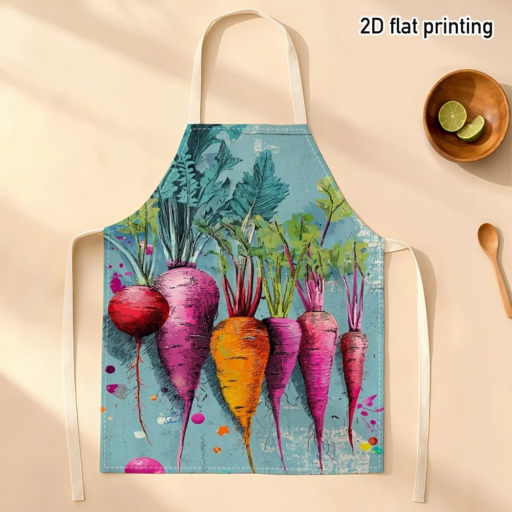 

1 шт. Красочный льняной кухонный фартук с принтом овощей (морковь), регулируемый, для женщин и мужчин, 2D плоский, для выпечки и готовки, подарок для шеф-повара