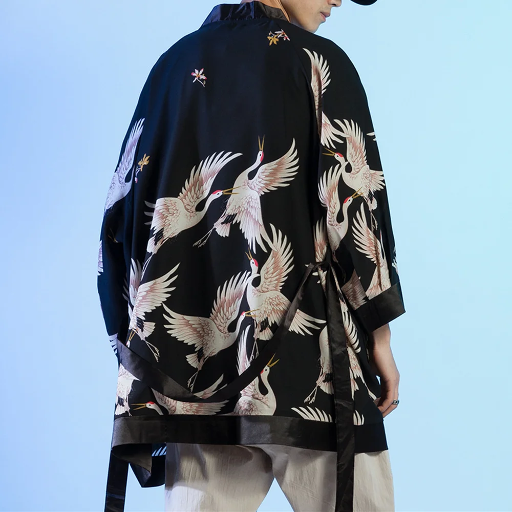 

Spring Summer Crane Print Mid-Length Road Gown Chinese Style Hanfu Men Plus Size Cardigan Oversized Couple Shirt Coat