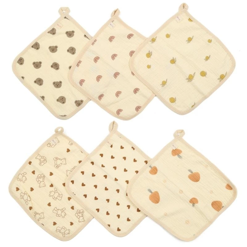 

J15U 6Pieces Infant Towel Print Saliva-Towel Quick-Dry Face Wash Cloth Baby Product