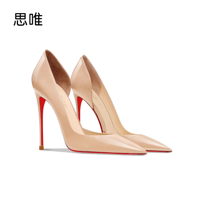 

Naked patent leather side empty red sole high heels 2025 new pointed shallow mouth slim heel commuting comfortable single shoe