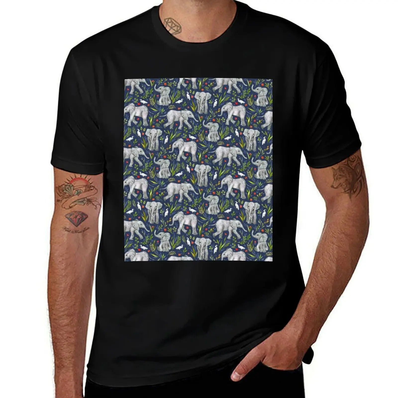 Baby Elephants and Egrets in Watercolor - navy blue T-Shirt Stretch Fabric Comfort T-Shirt