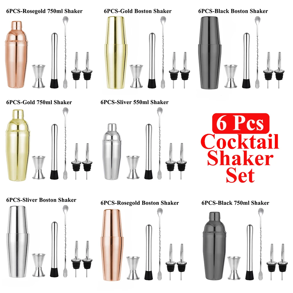 

6pcs Cocktail Shaker Set Mixer Bar Set Tools Kit Stainless Steel Bartender Tools for Home Bar Essential Mixology Accessories