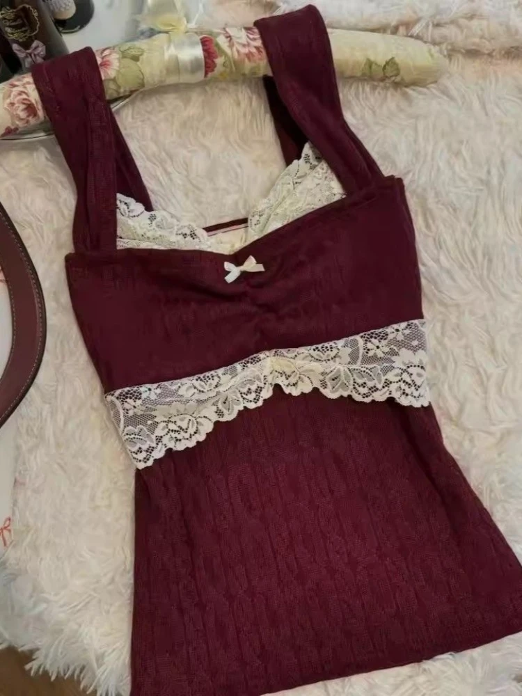 

Harajuku Hot Girl Lace Bow Top Women Summer Y2K Versatile Tank Tops Korean Chic Patchwork Waist Cinching Slimming Clothing New